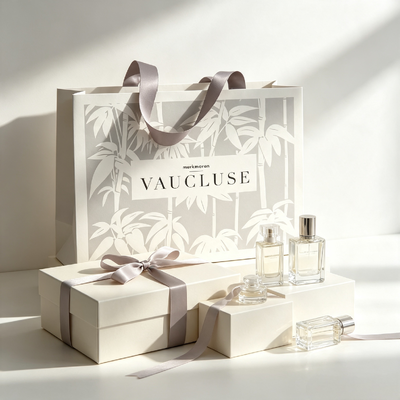 Good price Recycled Gift Bags with Rigid Cardboard Construction and Bamboo Leaf Embossed Printing Matched with Soft Grey Satin Ribbon Handle online